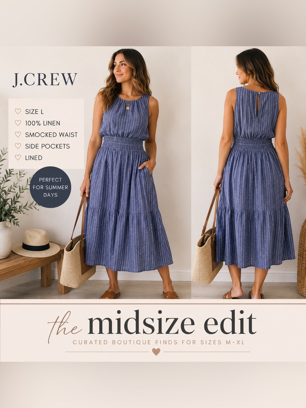 J.Crew Blue White Stripe 100% Linen Sleeveless Midi Dress Size L